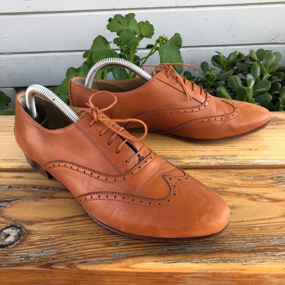 J. Crew Leather Wing-Tip Oxfords Warm Cognac Brown Womens Sz 9.5 B0390 Dress